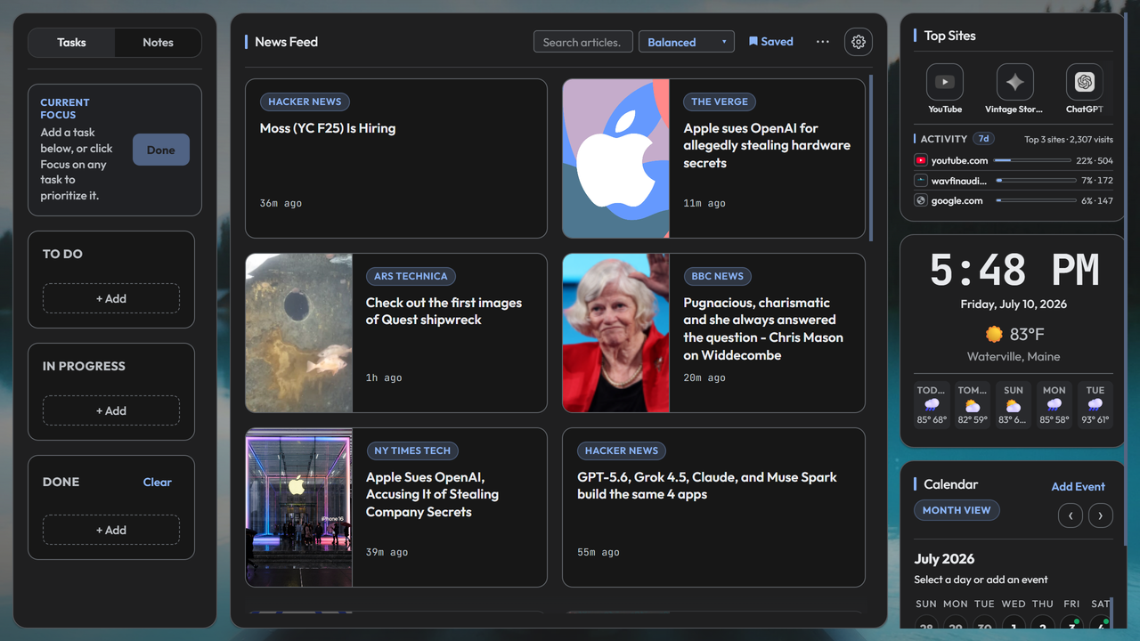 DailyDock new tab dashboard with news feed, tasks, top sites, clock, and calendar