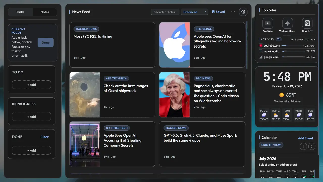 DailyDock new tab dashboard with news feed, tasks, top sites, clock, and calendar