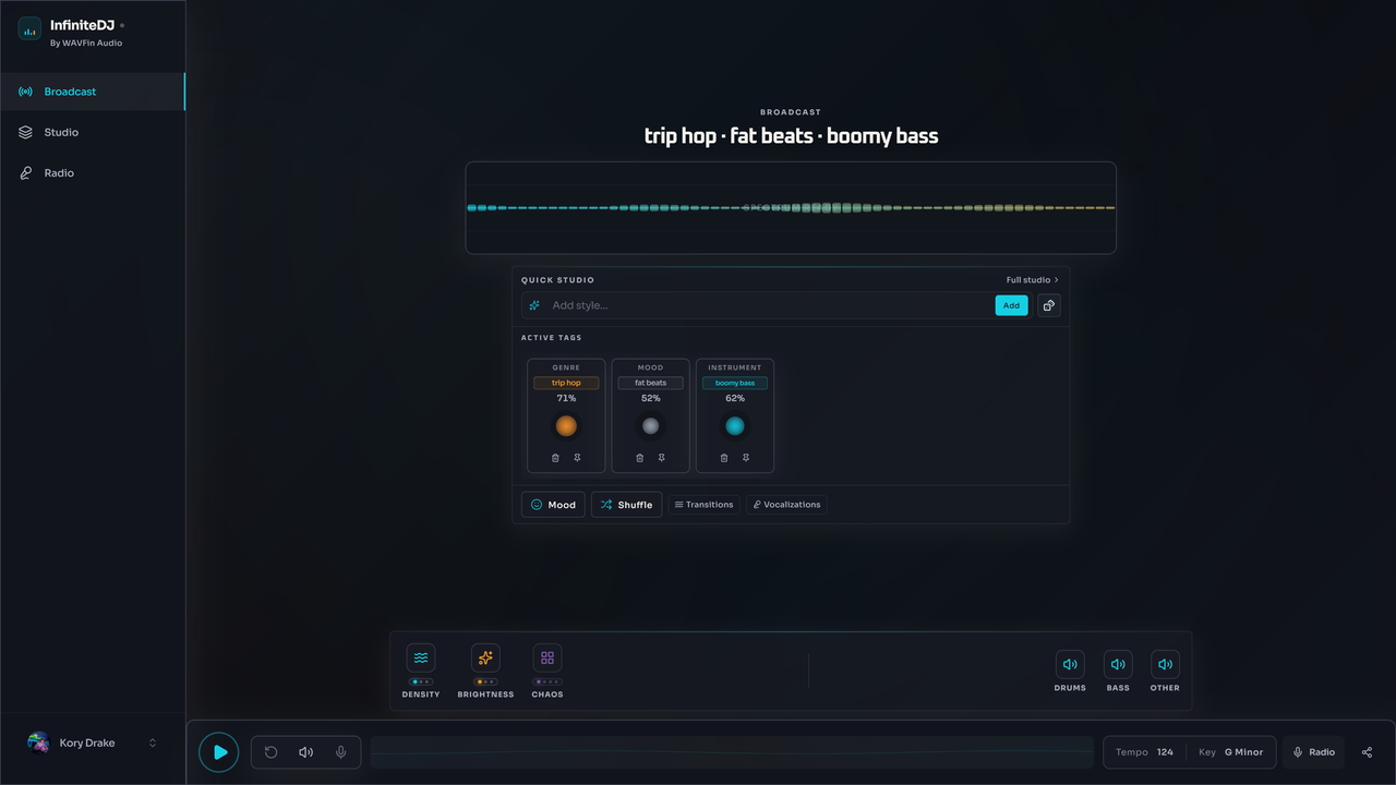 InfiniteDJ Broadcast view — trip-hop style generation with Quick Studio controls