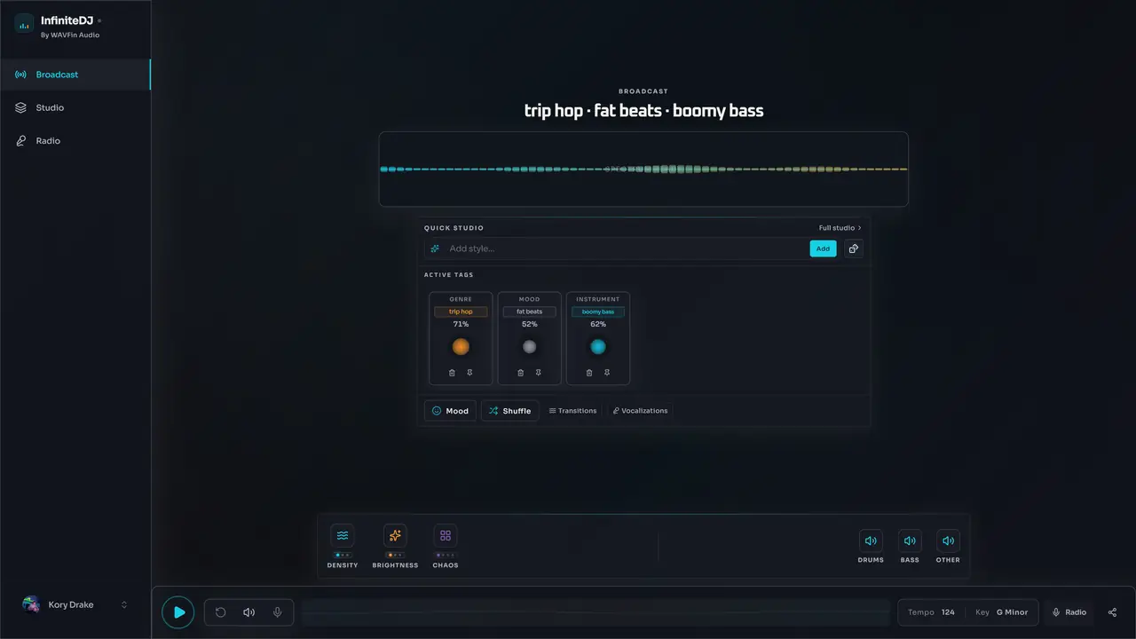 InfiniteDJ Broadcast view — trip-hop style generation with Quick Studio controls