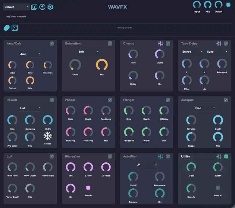 WAVFx multi-effect plugin UI with twelve reorderable effect cards and global input, mix, and output controls