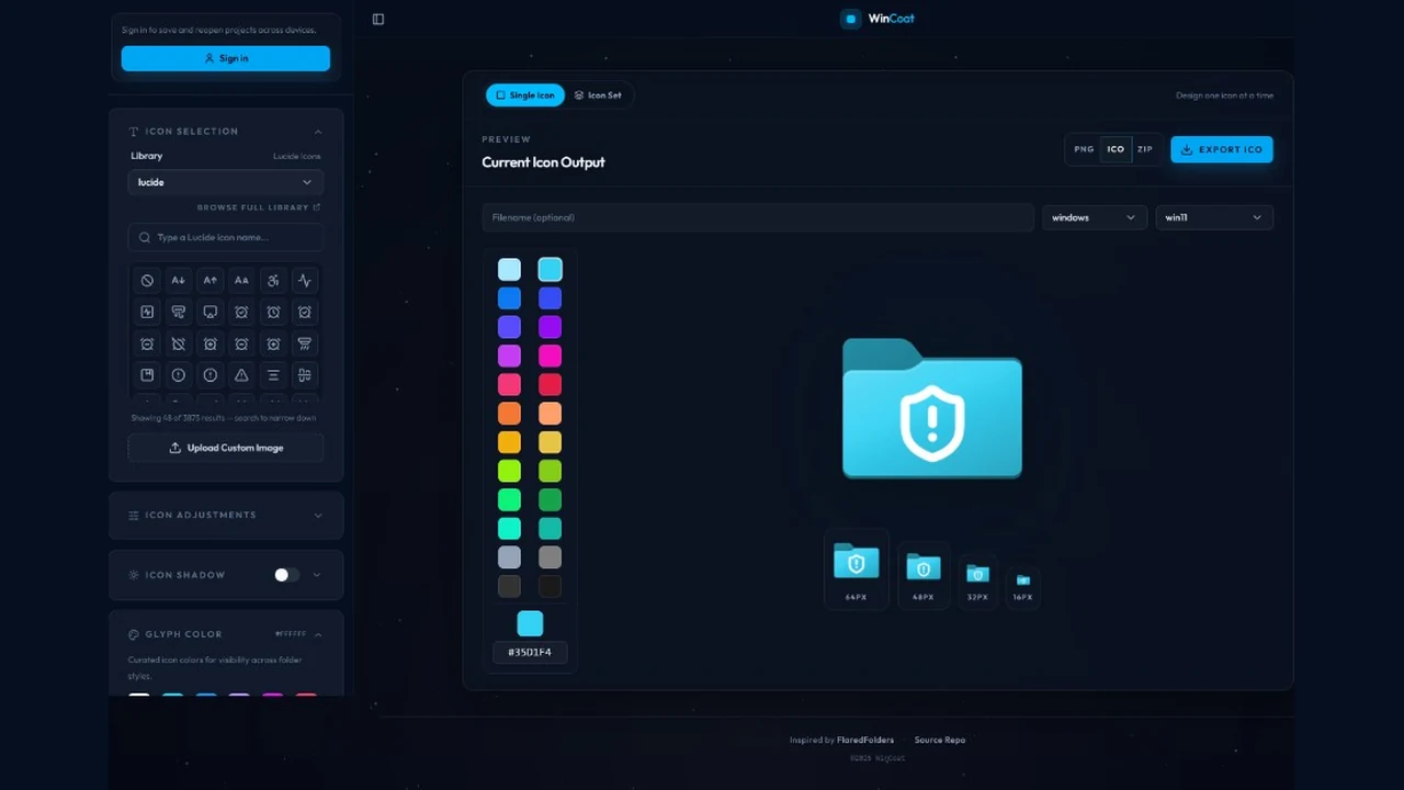 WinCoat editor with a cyan Windows 11 folder icon, color palette, and export controls